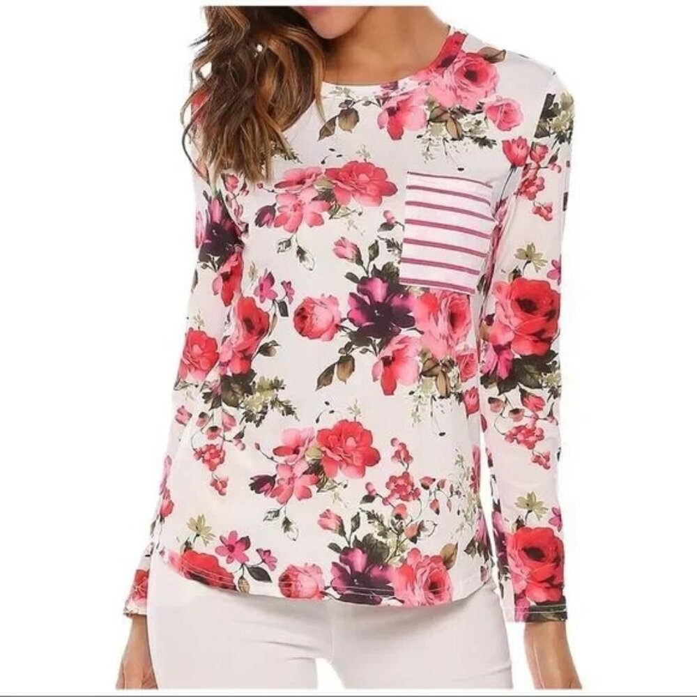 MEASEOR WOMEN'S FLORAL & STRIPED WHITE/PINK/GREEN LONG SLEEVE BLOUSE SIZE MEDIUM